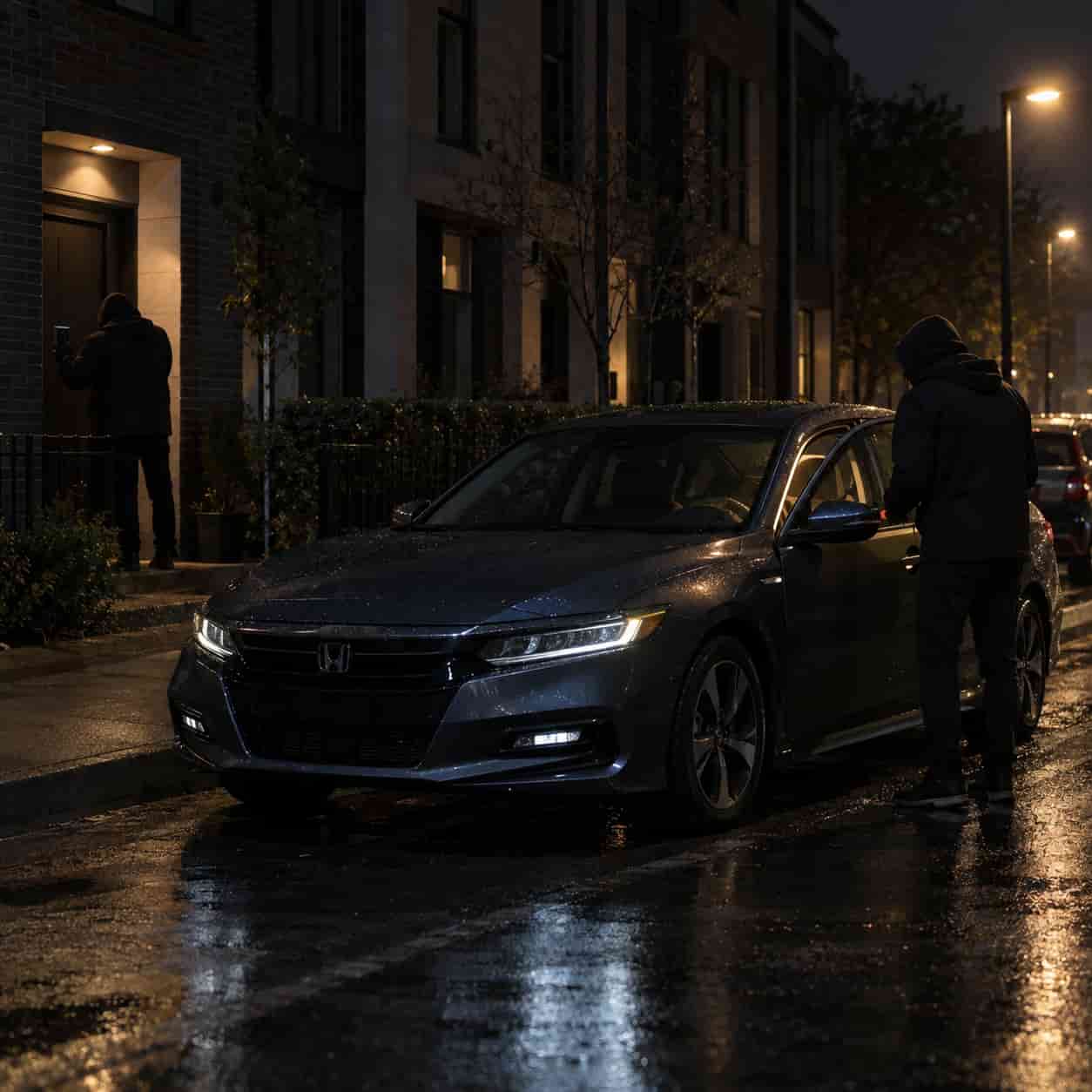 Two-man relay attack: one thief stands near a house with a signal amplifier, the other stands at the Honda with a receiver, exploiting the key fob's passive signal