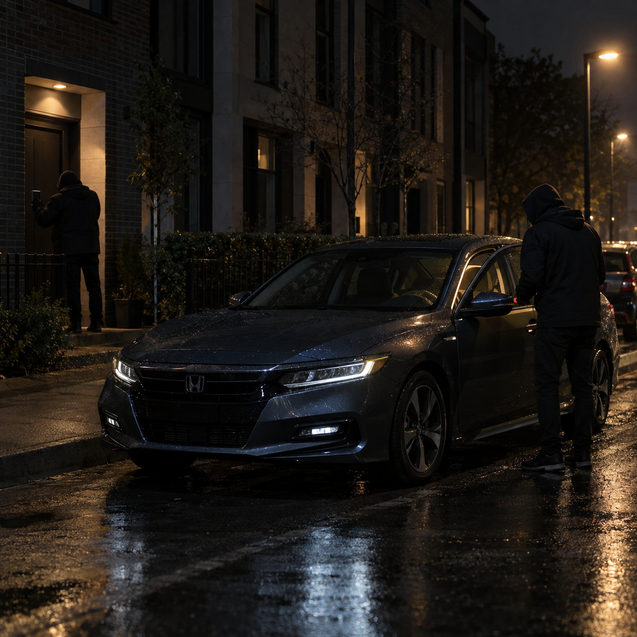 Two-man relay attack: one thief stands near a house with a signal amplifier, the other stands at the Honda with a receiver, exploiting the key fob's passive signal